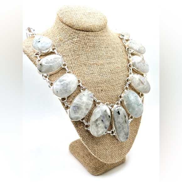 Oval Shape Rainbow Moonstone Necklace - Picture 1 of 12